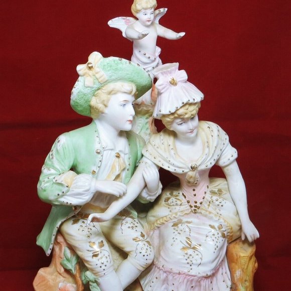 Outstanding Detail Large Victorian Couple & Angel Statue Continental Pottery